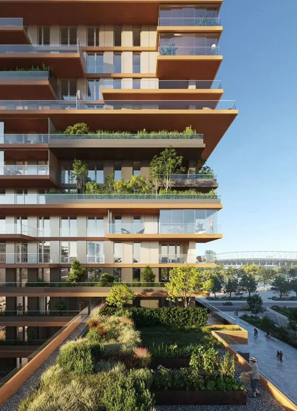 Rendering of Arjan Hotel Apartment with planted, terraced balconies